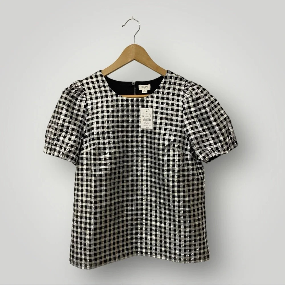 J. Crew Metallic gingham puff-sleeve top Sz S
